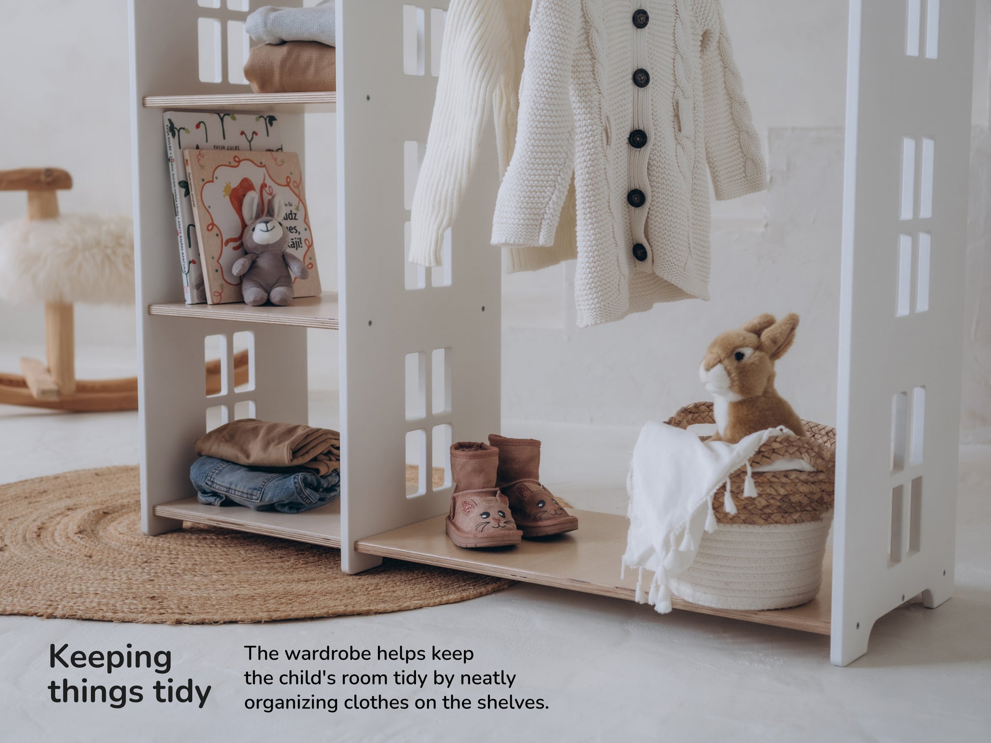White kids clothing rack with shelves – house-shaped wooden Montessori organizer