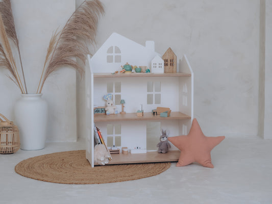 Wooden dollhouse bookshelf – open storage for toys, books & imaginative play